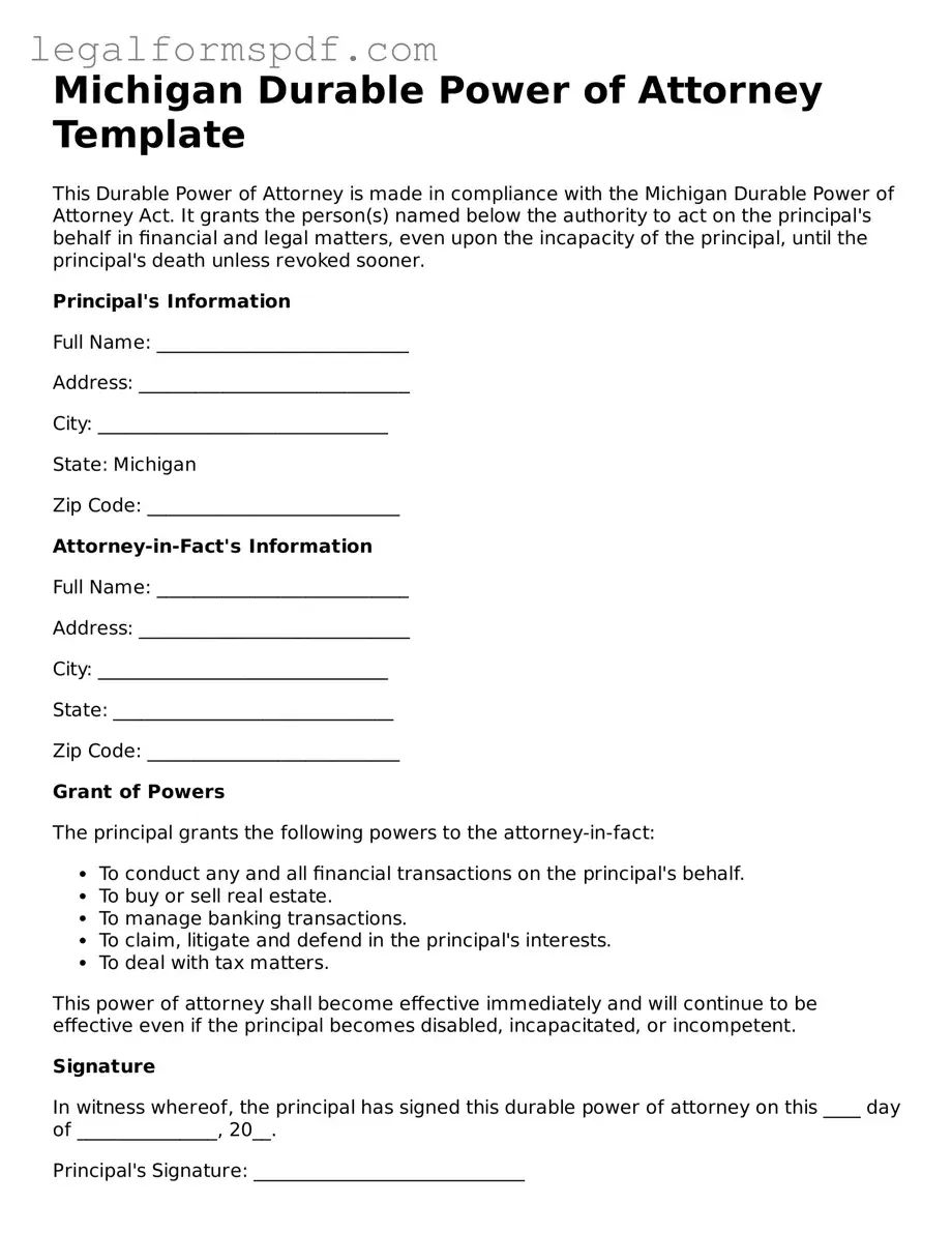 Fillable  Durable Power of Attorney Document for Michigan