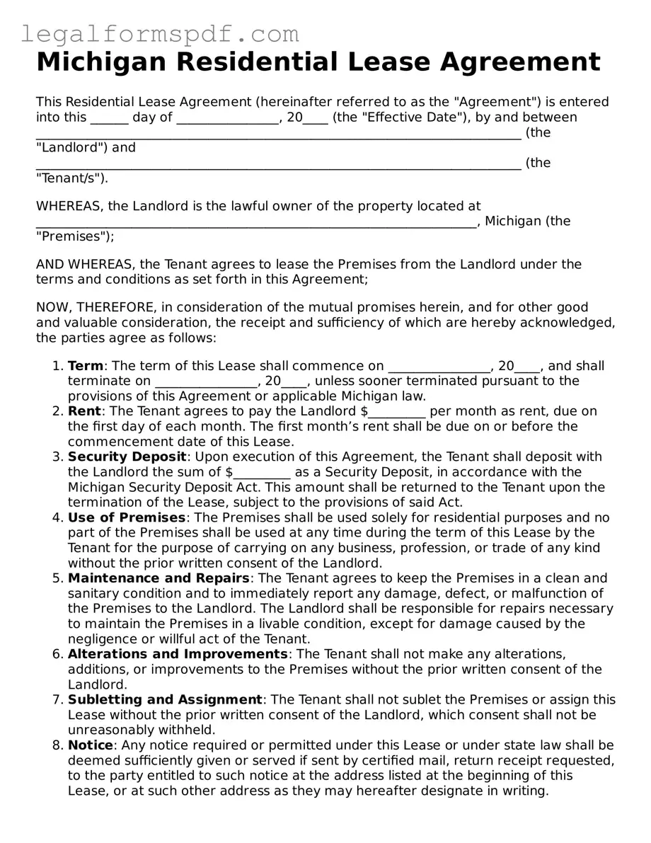 Fillable  Residential Lease Agreement Document for Michigan