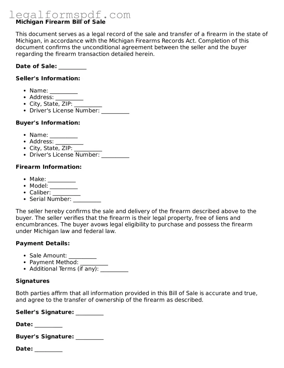 Fillable  Firearm Bill of Sale Document for Michigan