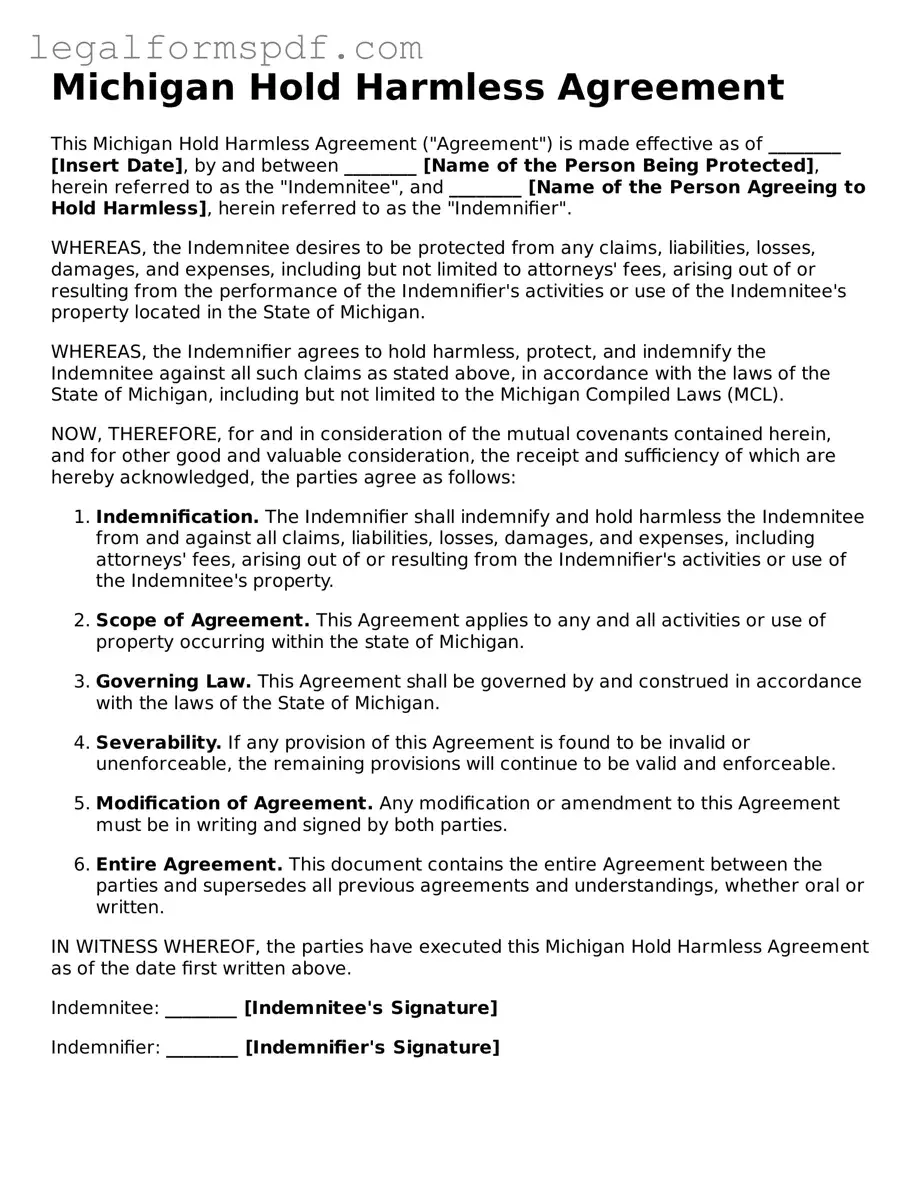 Fillable  Hold Harmless Agreement Document for Michigan