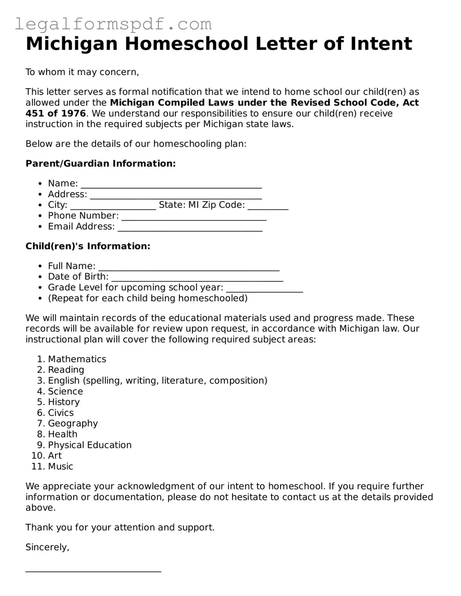 Fillable  Homeschool Letter of Intent Document for Michigan