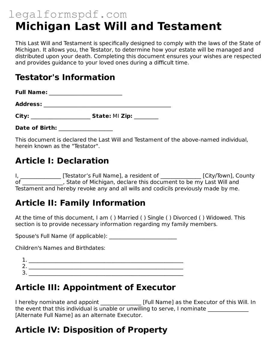 Fillable  Last Will and Testament Document for Michigan