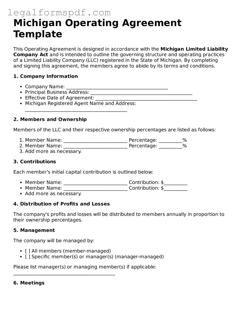 Fillable  Operating Agreement Document for Michigan
