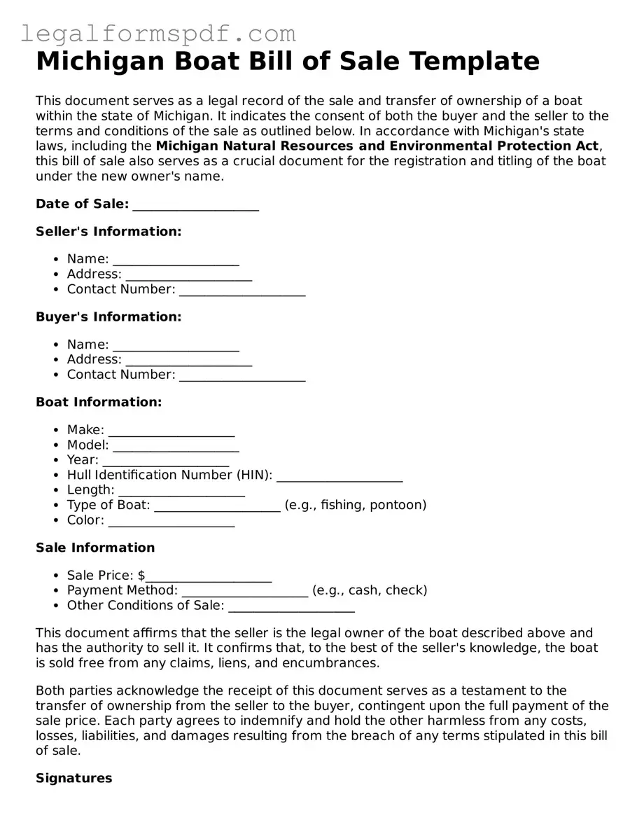 Fillable  Boat Bill of Sale Document for Michigan