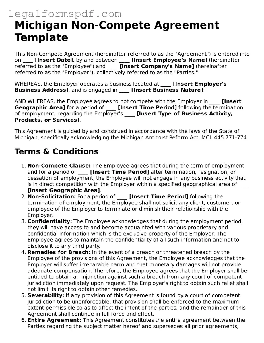 Fillable  Non-compete Agreement Document for Michigan