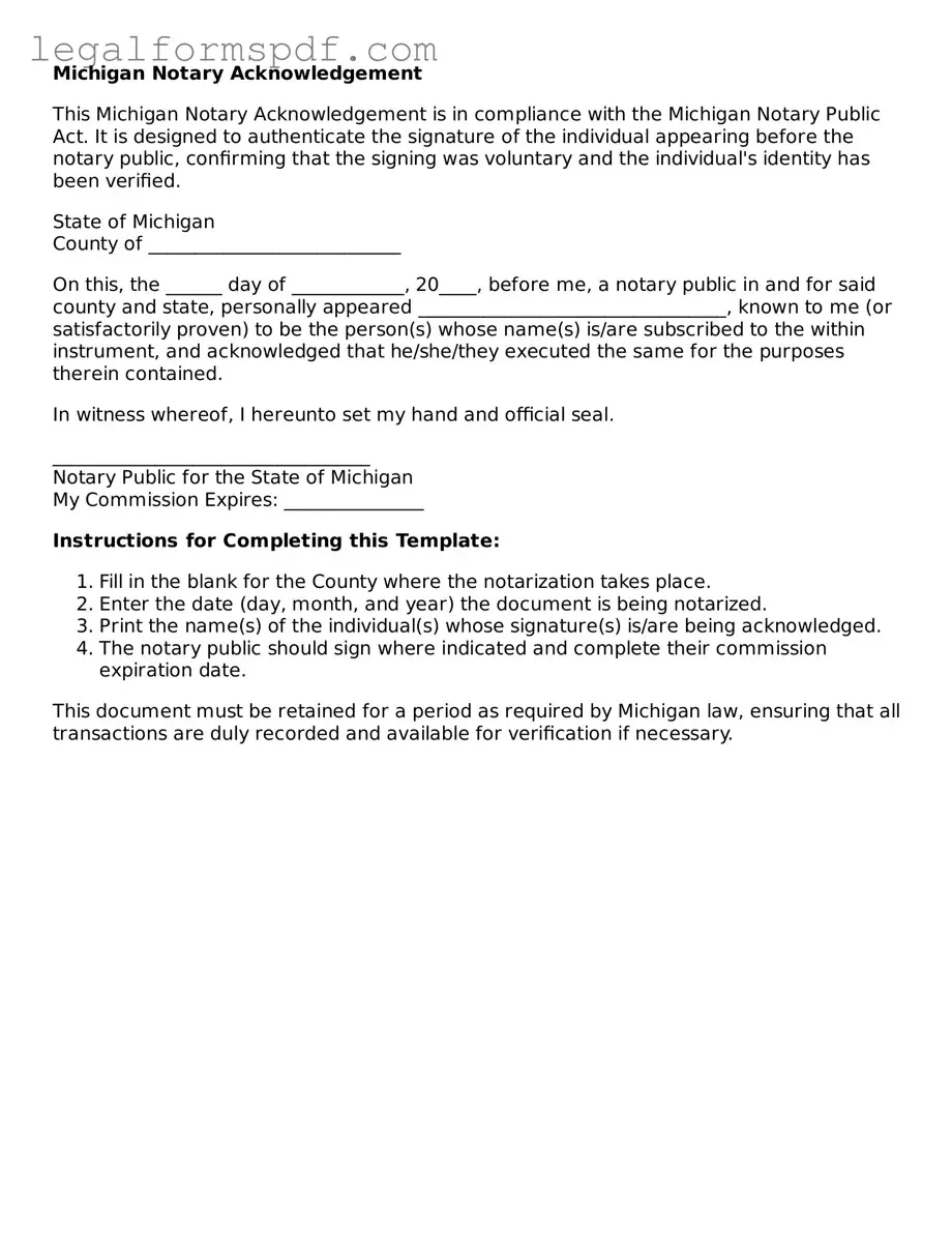 Fillable  Notary Acknowledgement Document for Michigan
