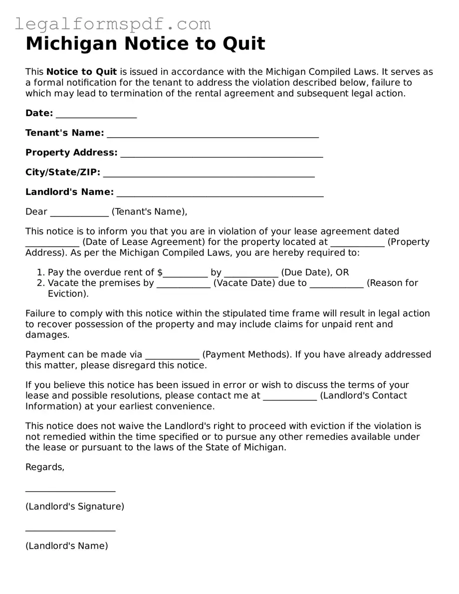 Fillable  Notice to Quit Document for Michigan