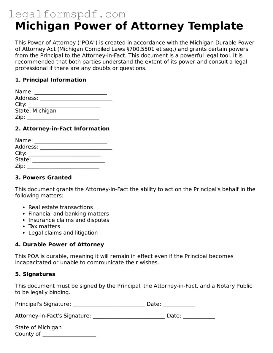 Fillable  Power of Attorney Document for Michigan