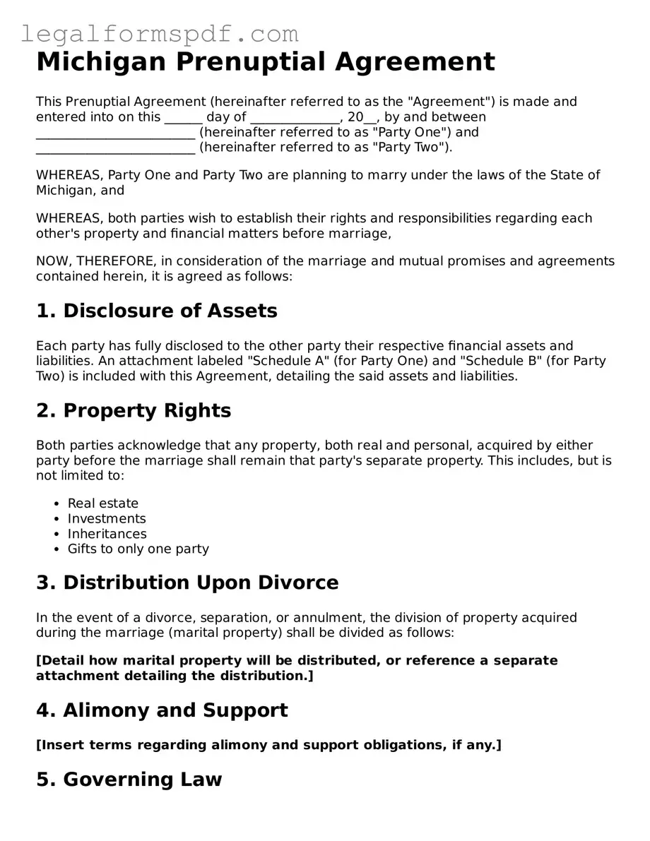 Fillable  Prenuptial Agreement Document for Michigan