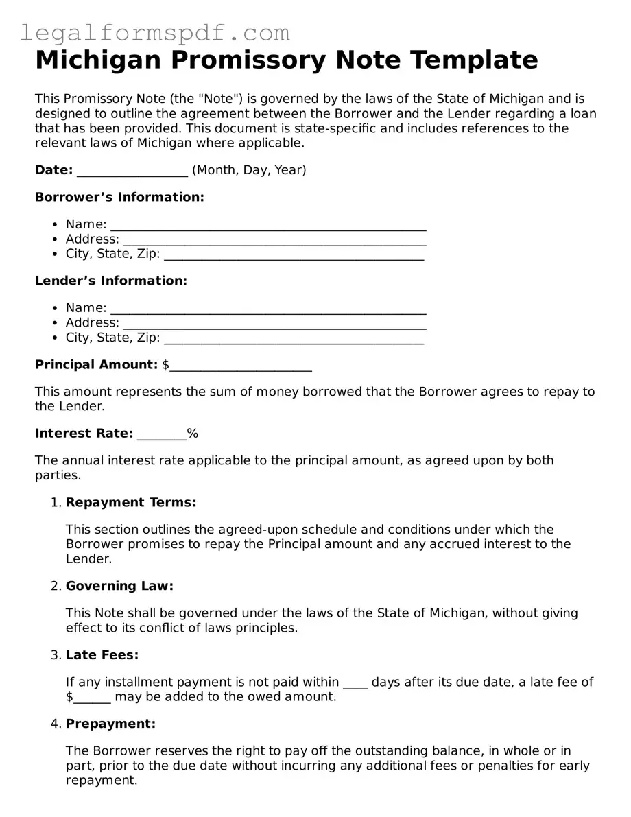 Fillable  Promissory Note Document for Michigan