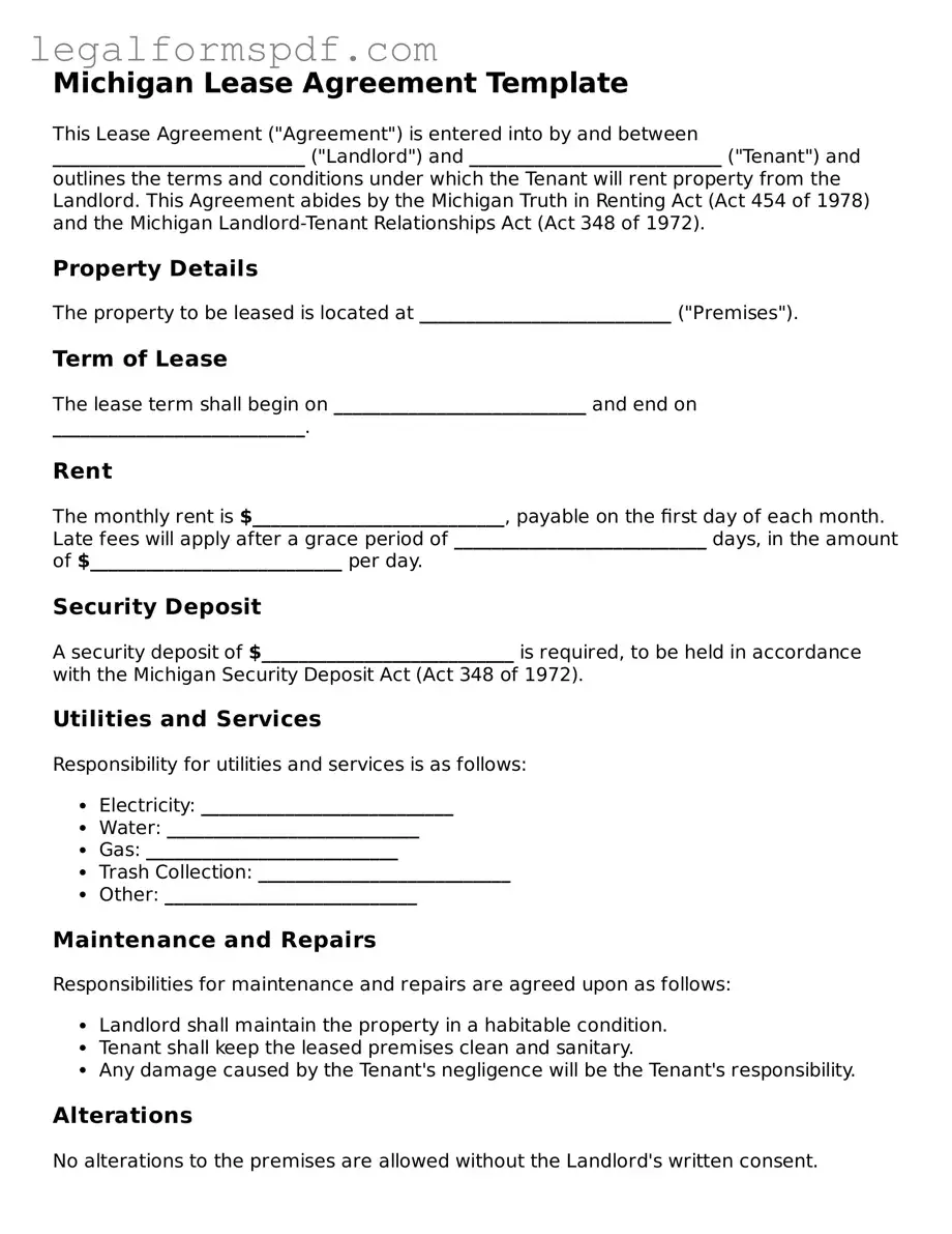 Fillable  Lease Agreement Document for Michigan