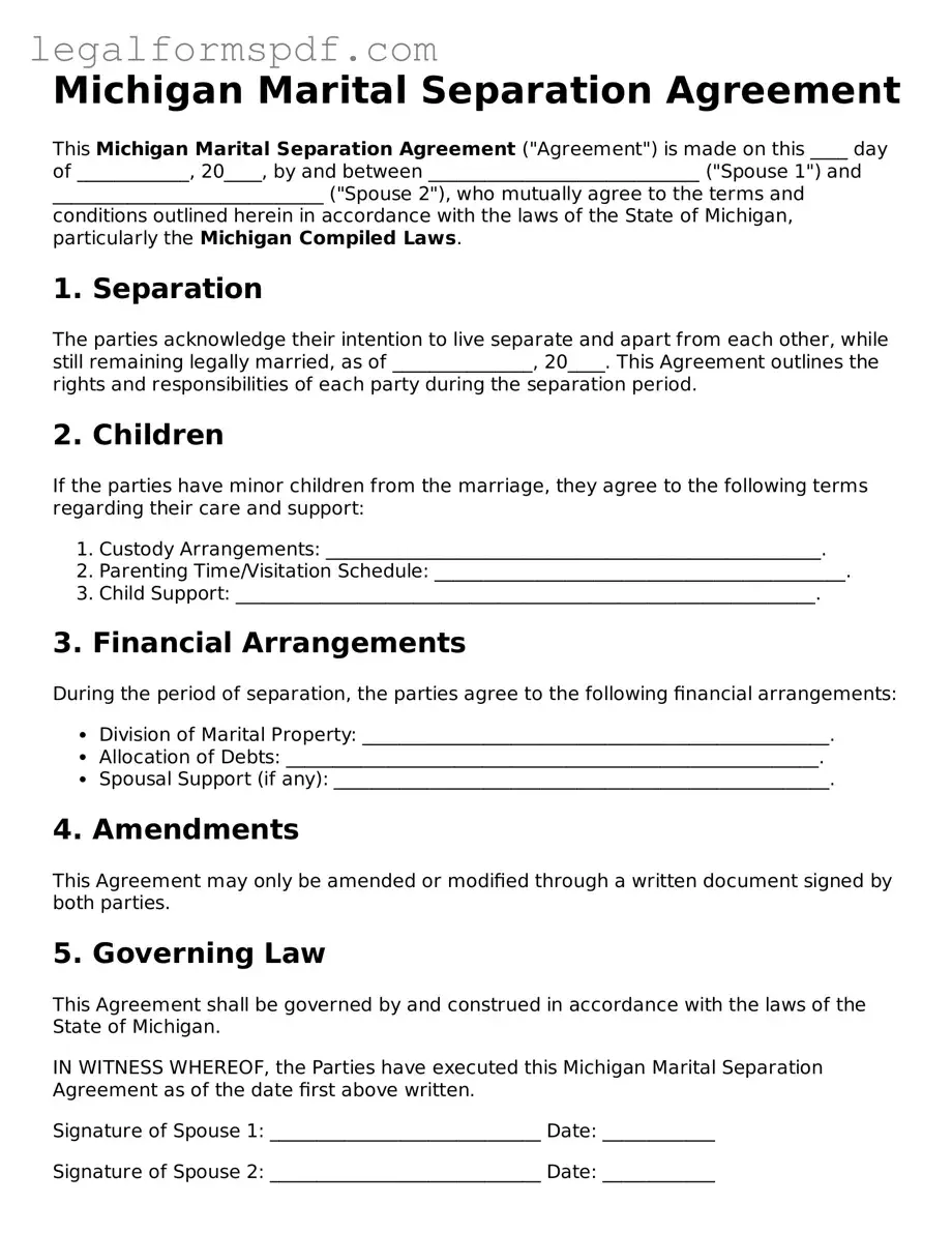 Fillable  Marital Separation Agreement Document for Michigan