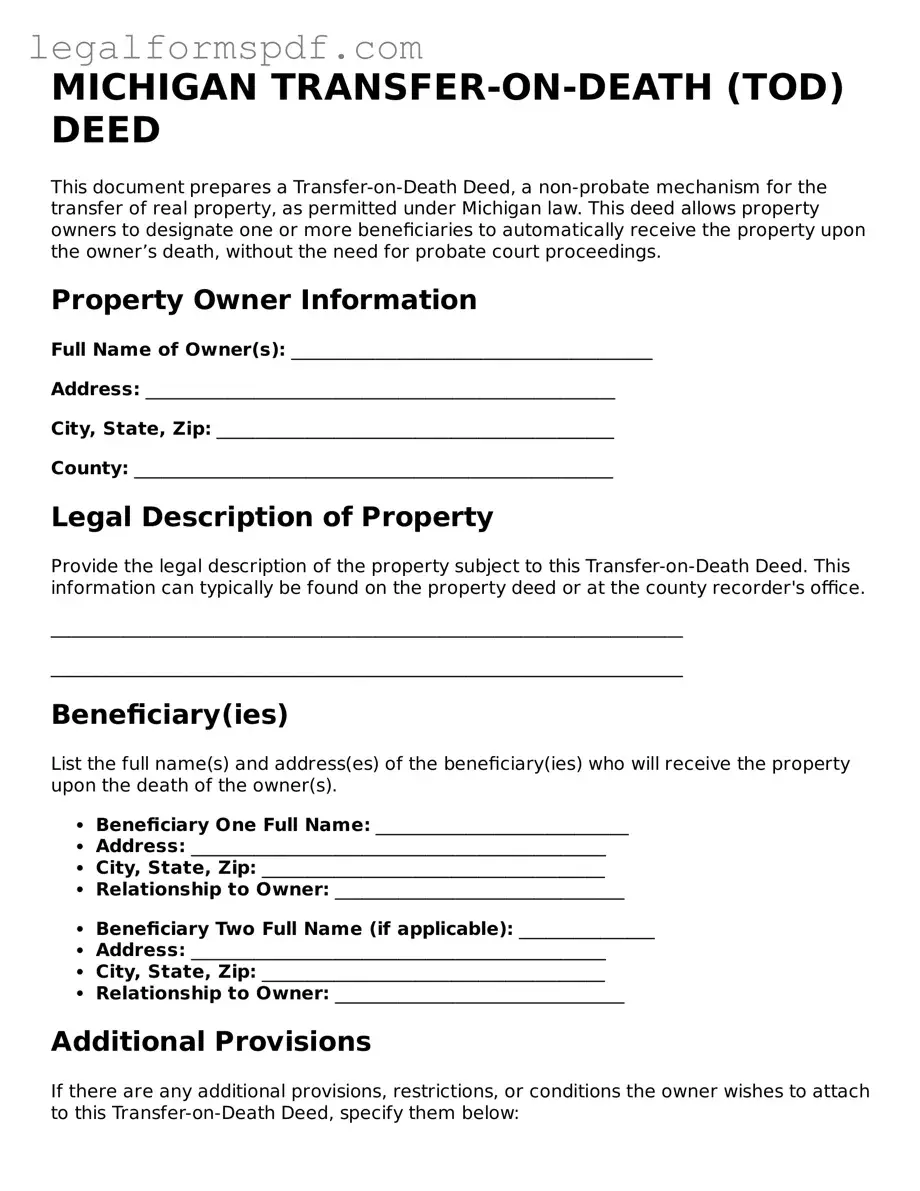 Fillable  Transfer-on-Death Deed Document for Michigan