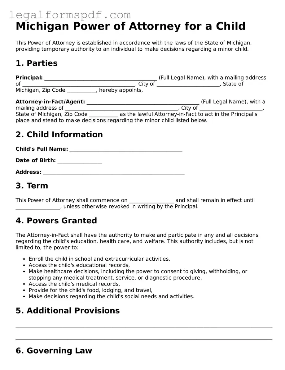 Fillable  Power of Attorney for a Child Document for Michigan