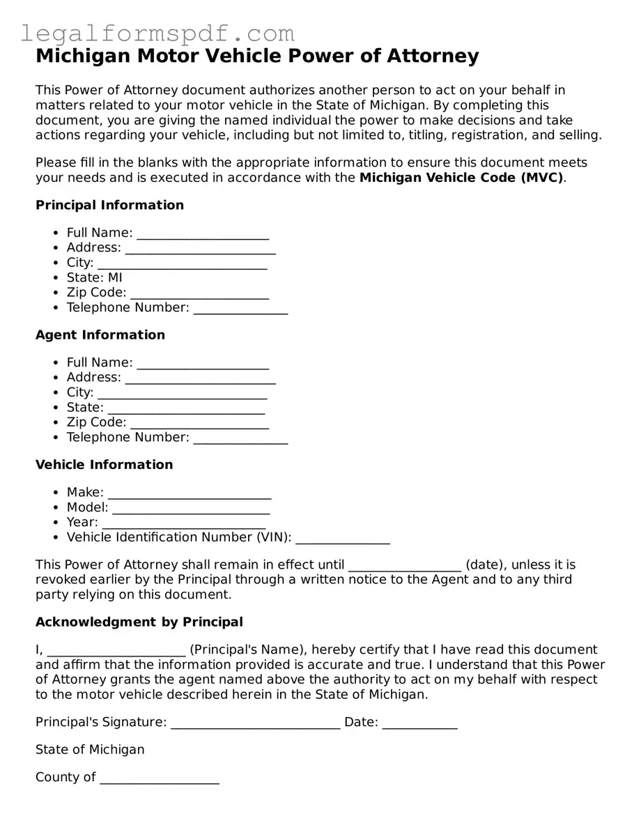 Fillable  Motor Vehicle Power of Attorney Document for Michigan