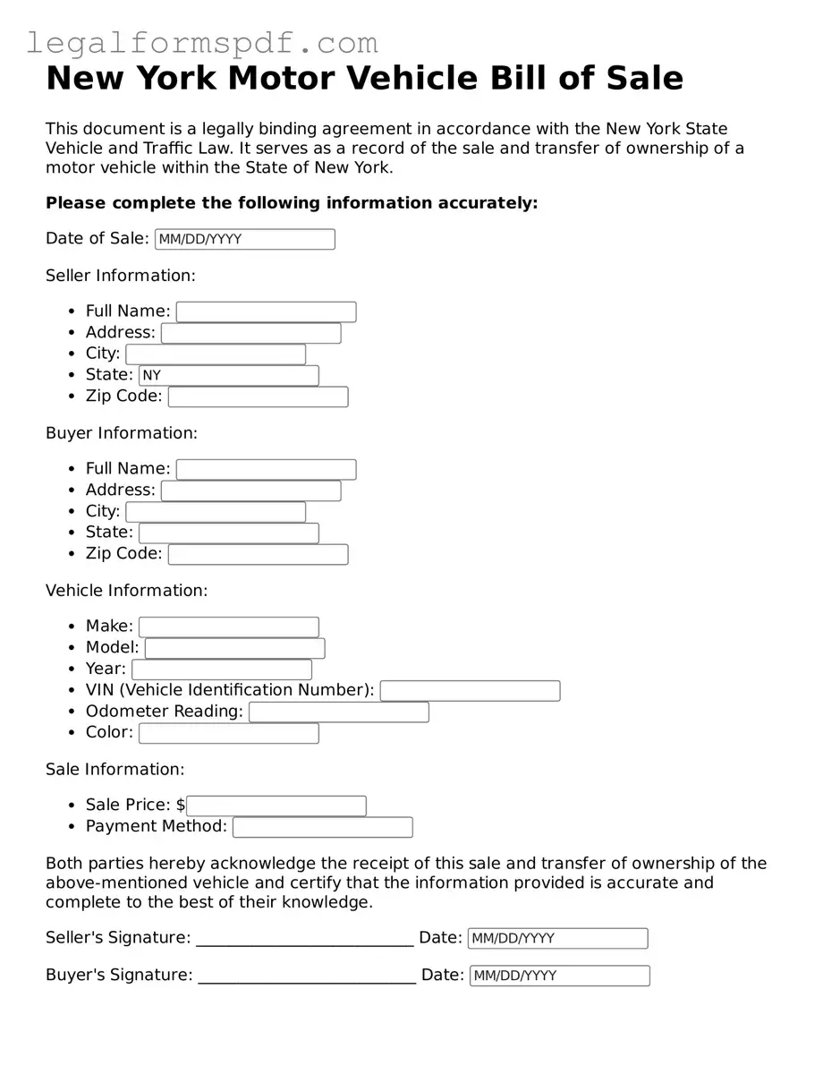 Fillable  Motor Vehicle Bill of Sale Document for New York