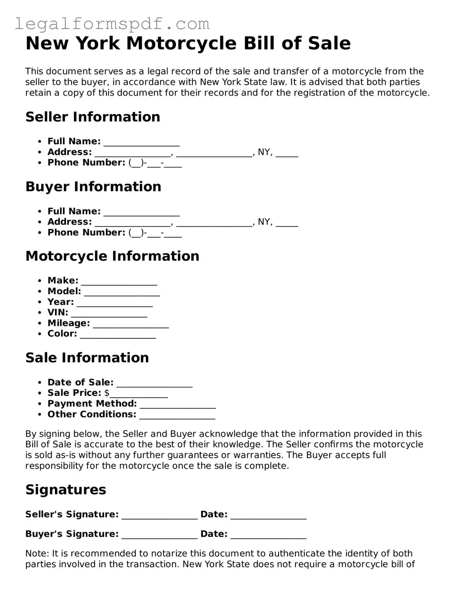 Fillable  Motorcycle Bill of Sale Document for New York