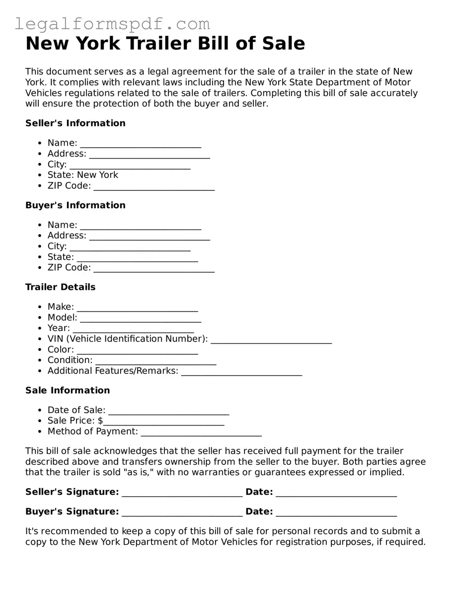 Fillable  Trailer Bill of Sale Document for New York