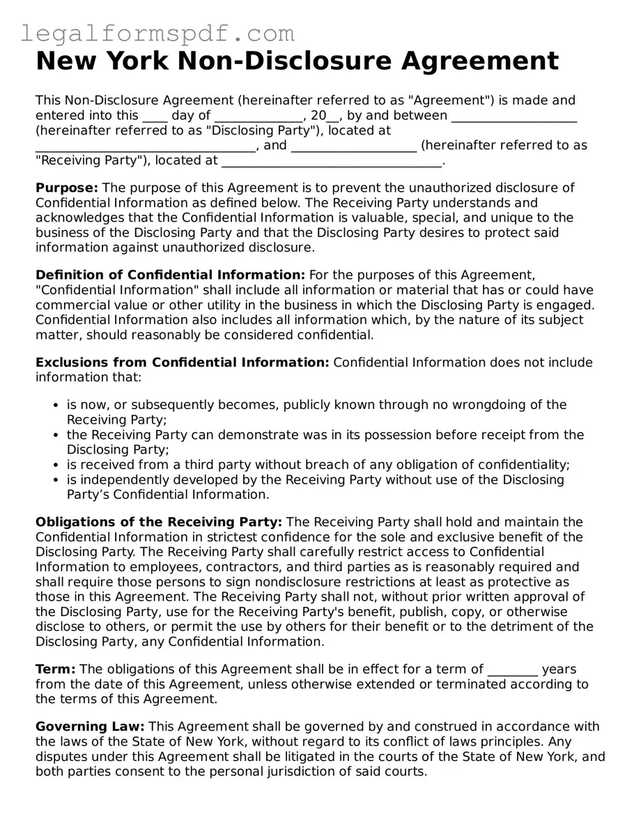 Fillable  Non-disclosure Agreement Document for New York