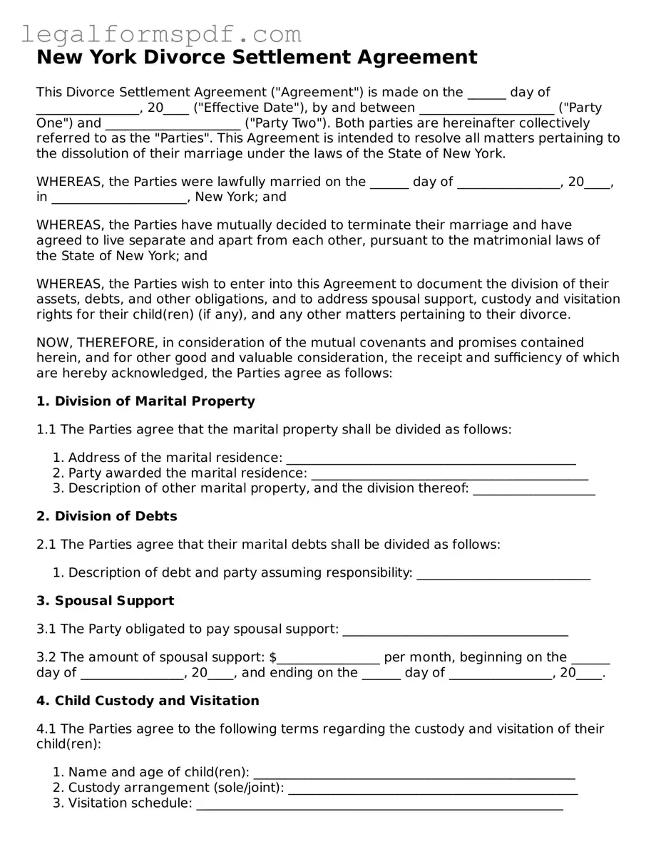 Fillable  Divorce Settlement Agreement Document for New York