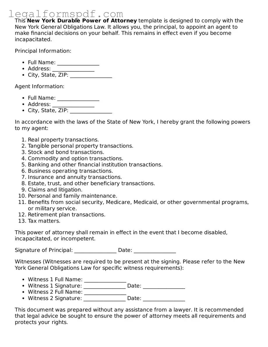 Fillable  Durable Power of Attorney Document for New York