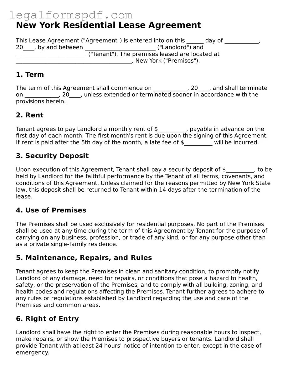 Fillable  Residential Lease Agreement Document for New York