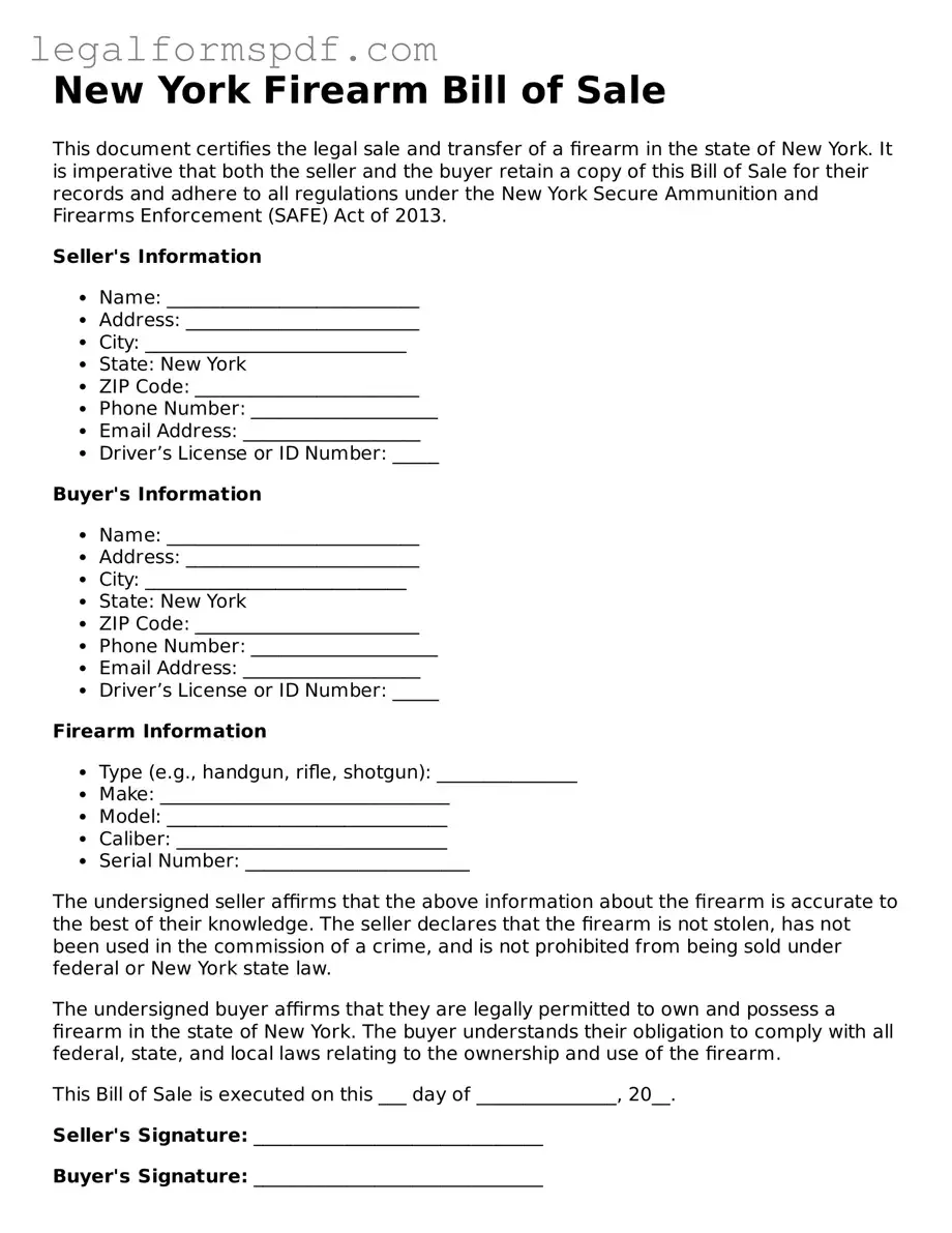 Fillable  Firearm Bill of Sale Document for New York