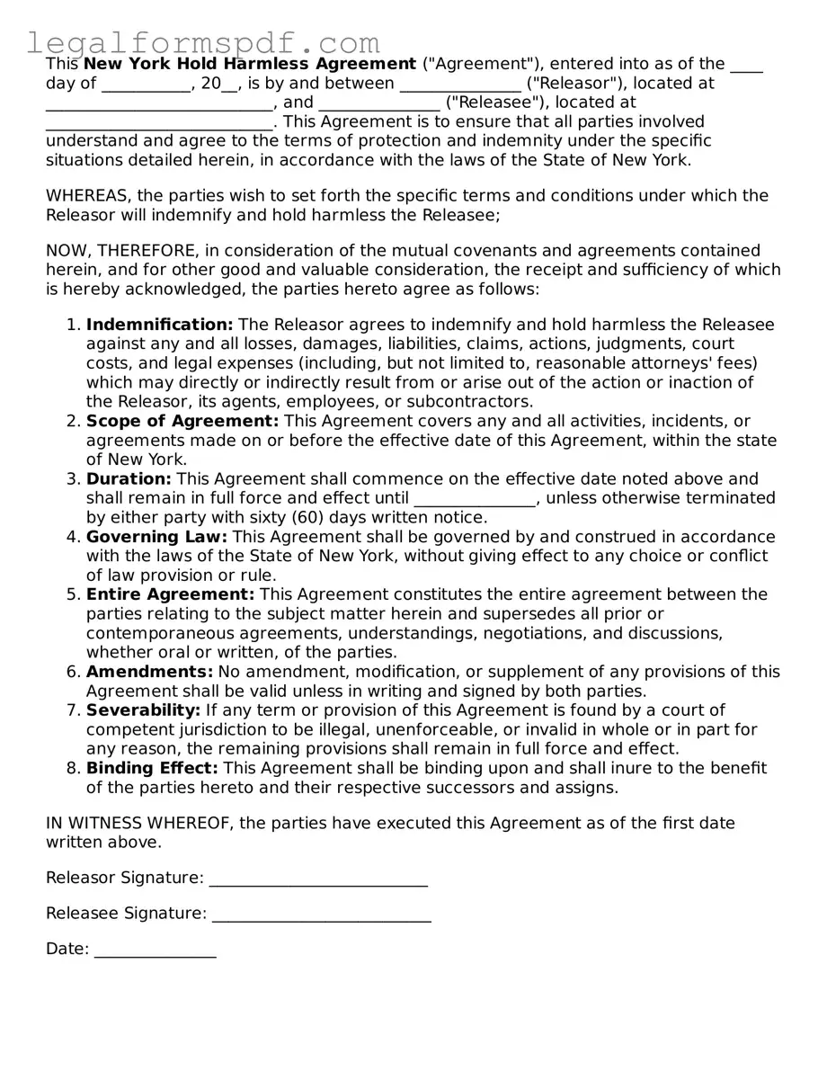 Fillable  Hold Harmless Agreement Document for New York
