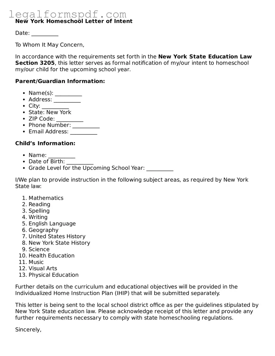 Fillable  Homeschool Letter of Intent Document for New York