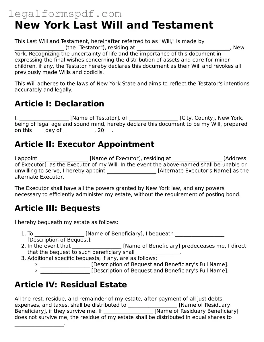 Fillable  Last Will and Testament Document for New York