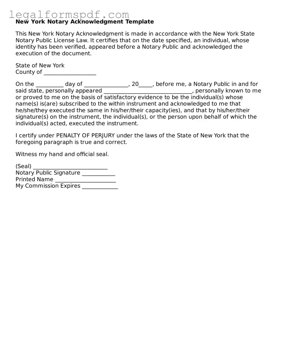 Fillable  Notary Acknowledgement Document for New York