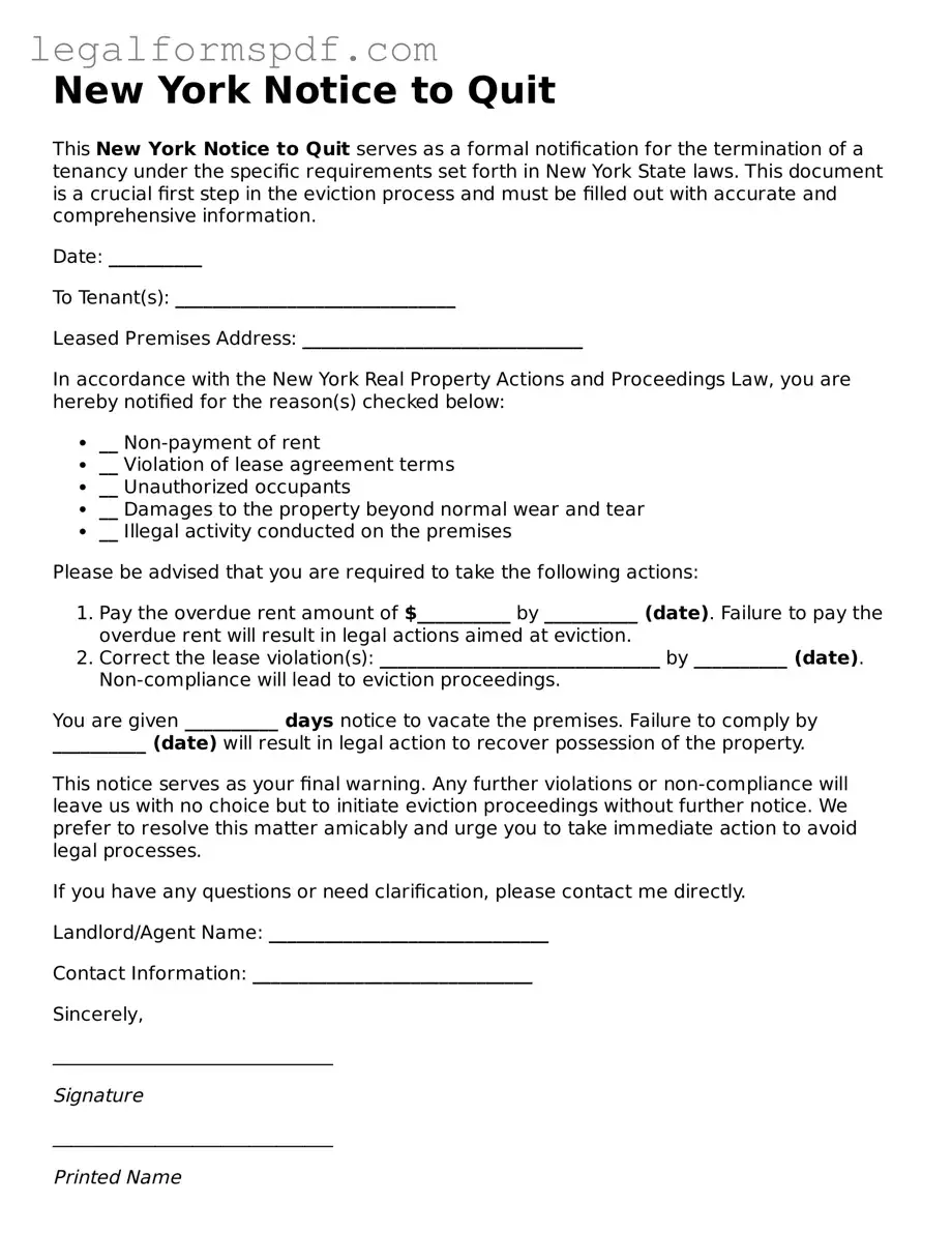Fillable  Notice to Quit Document for New York
