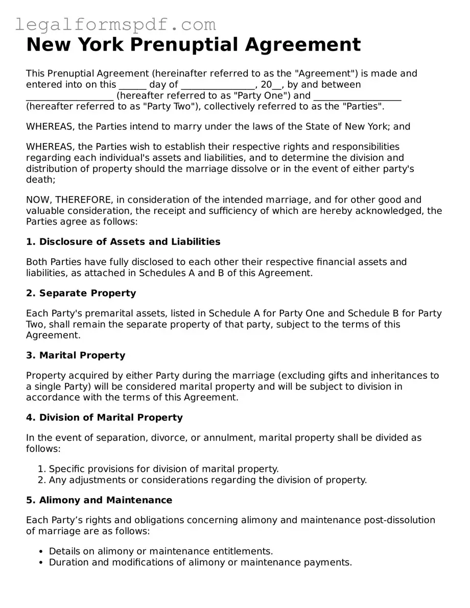 Fillable  Prenuptial Agreement Document for New York