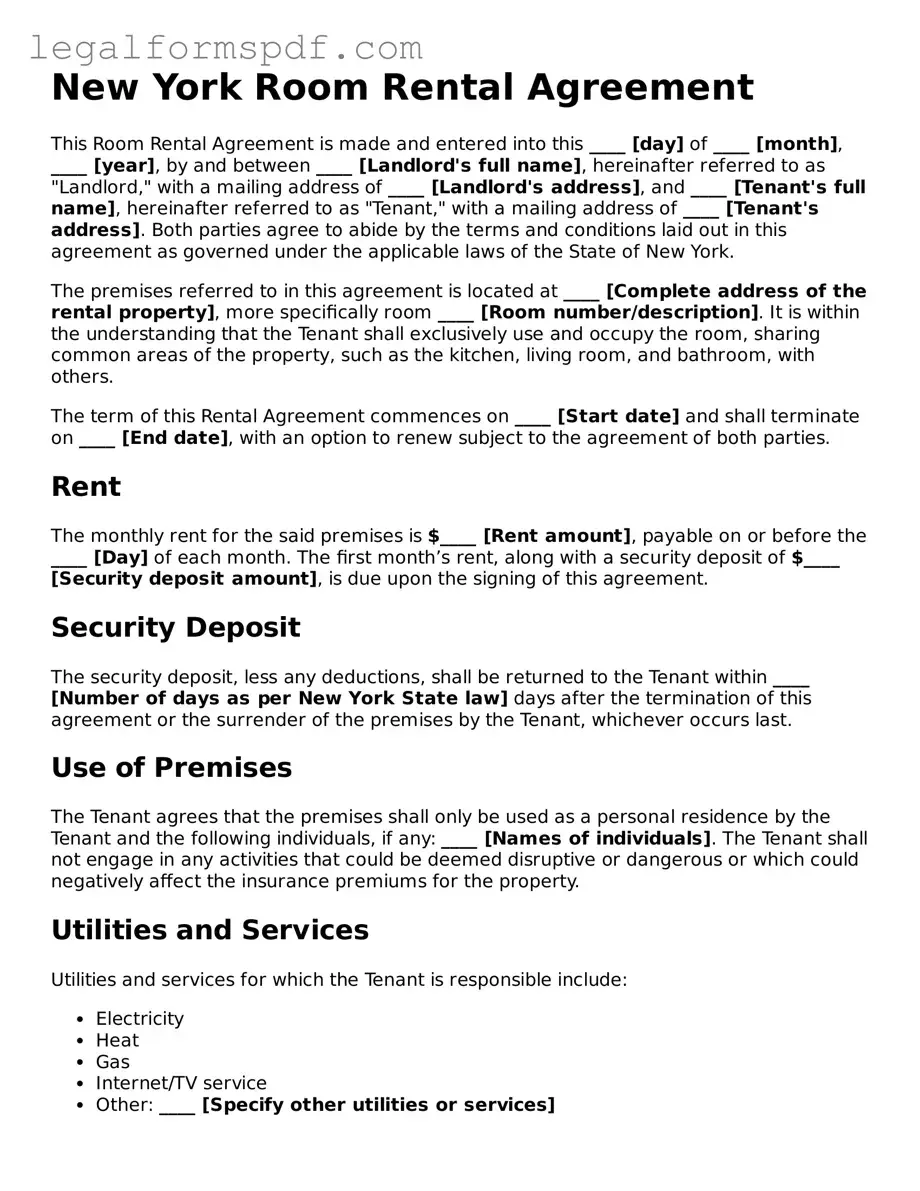 Fillable  Room Rental Agreement Document for New York