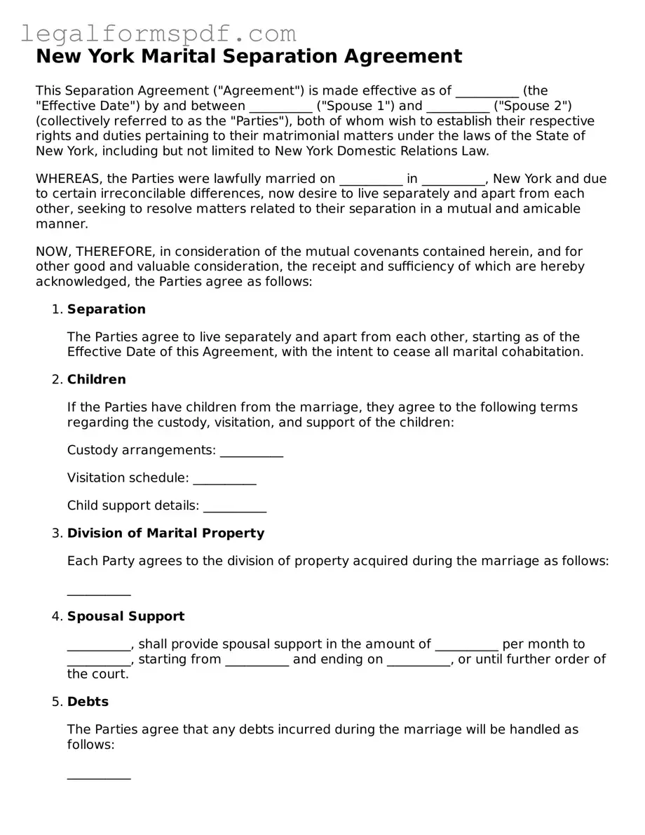 Fillable  Marital Separation Agreement Document for New York