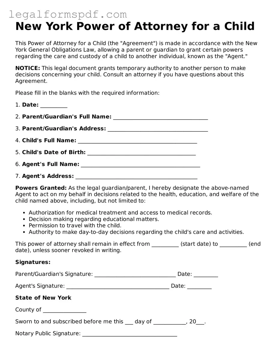 Fillable  Power of Attorney for a Child Document for New York