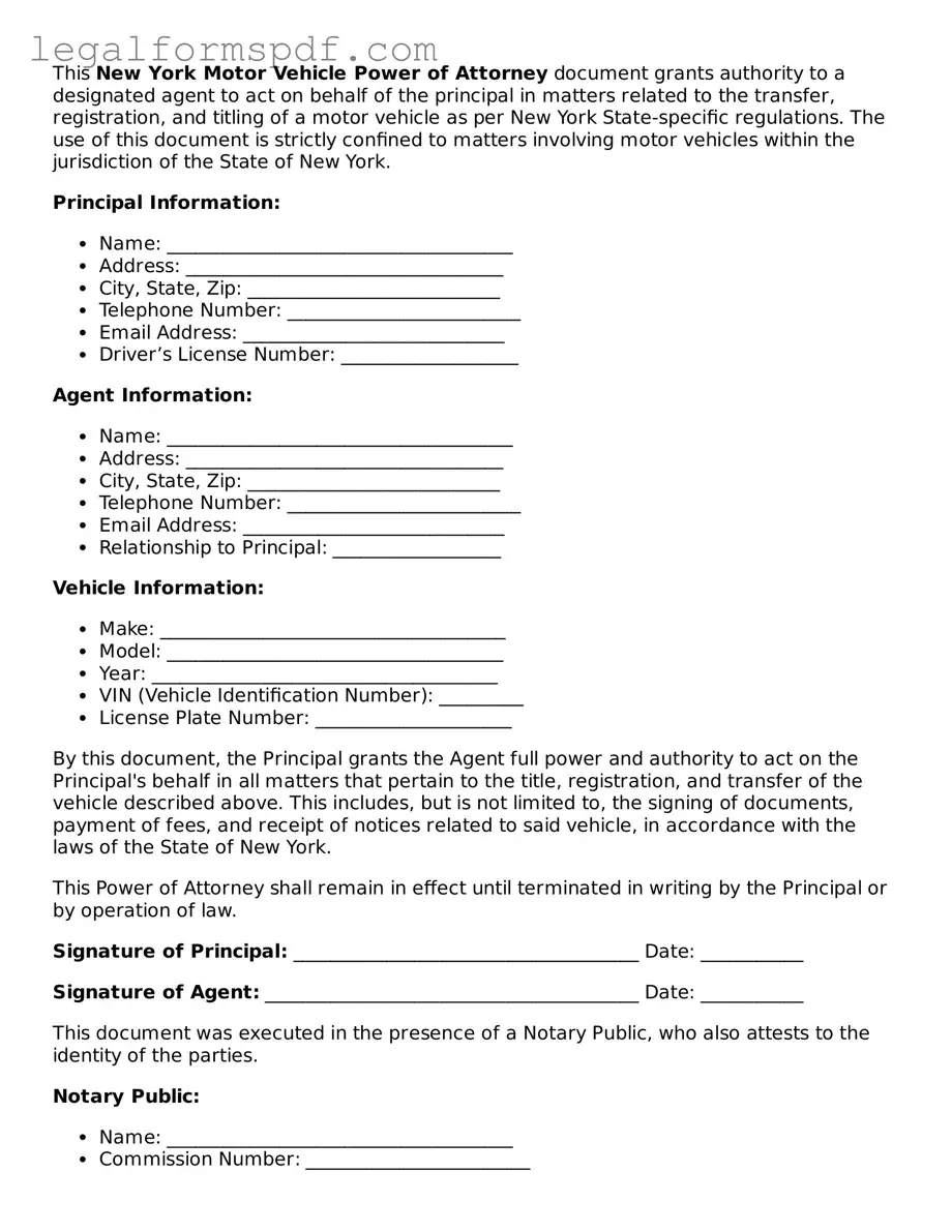 Fillable  Motor Vehicle Power of Attorney Document for New York