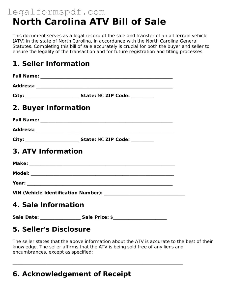 Fillable  ATV Bill of Sale Document for North Carolina