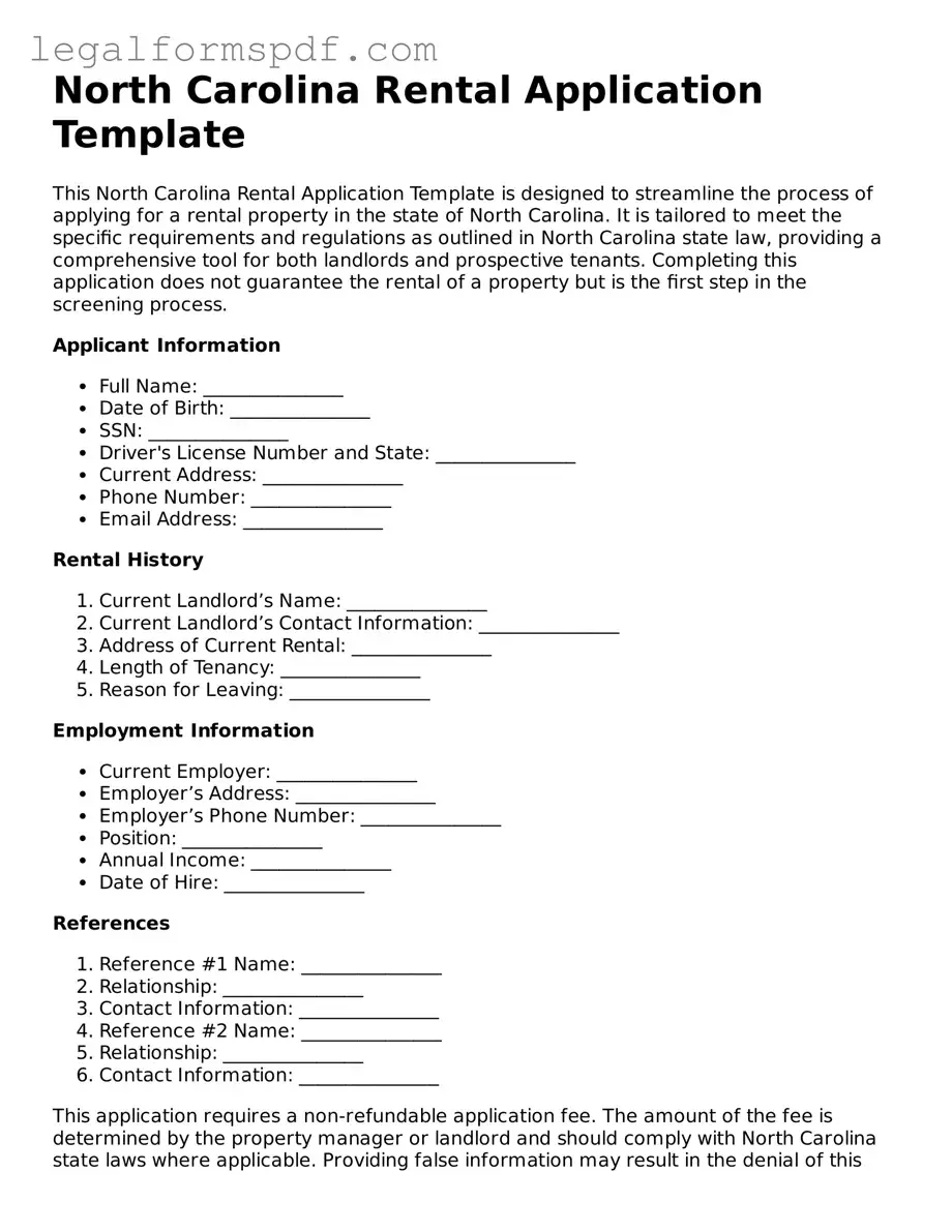 Fillable  Rental Application Document for North Carolina