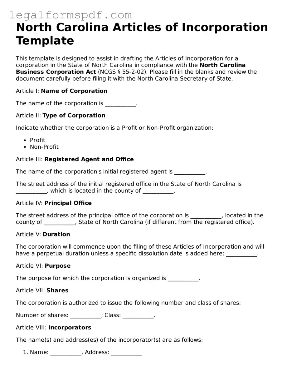 Fillable  Articles of Incorporation Document for North Carolina