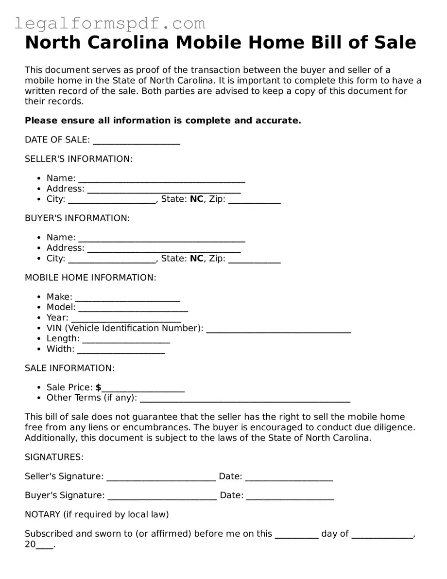 Fillable  Mobile Home Bill of Sale Document for North Carolina