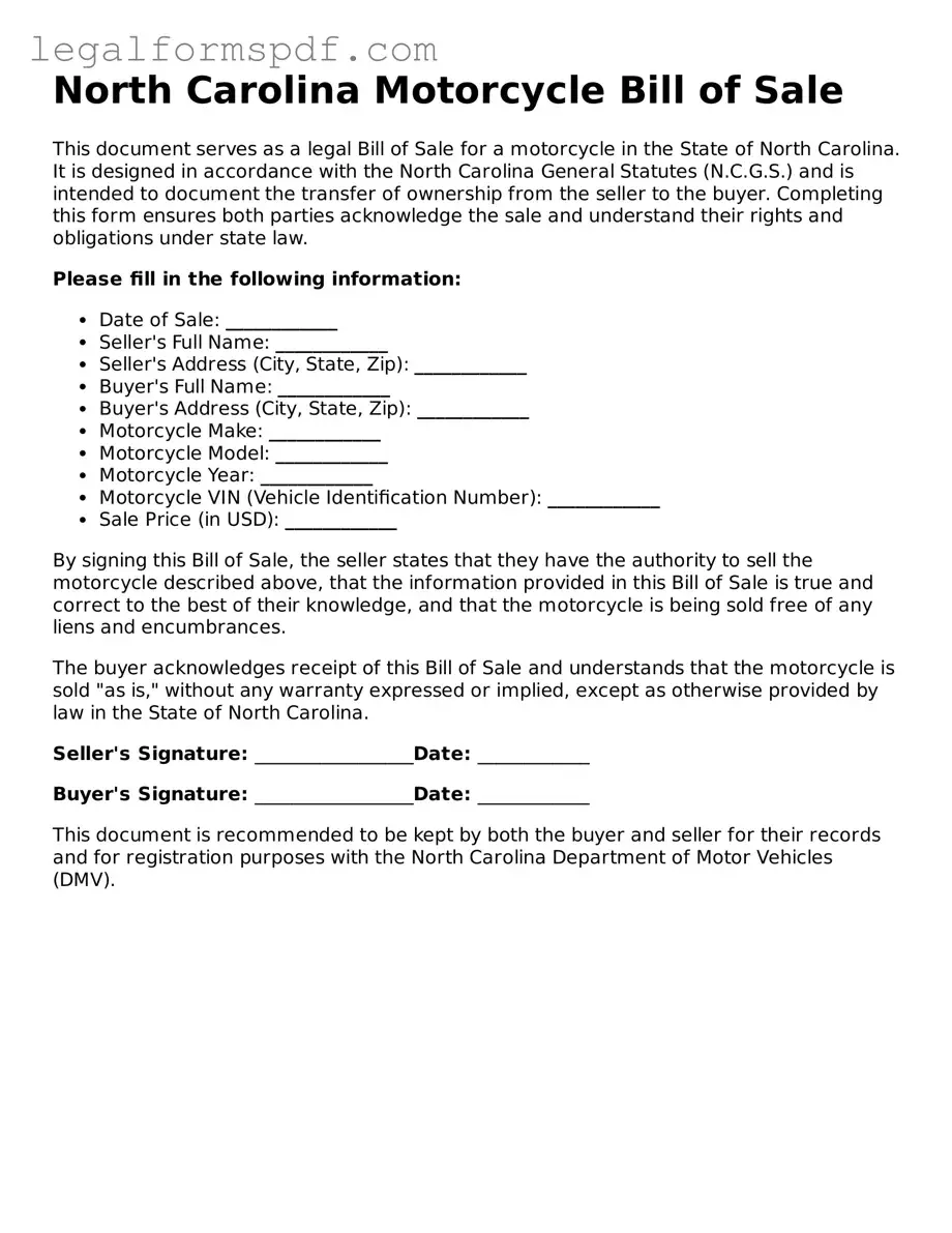 Fillable  Motorcycle Bill of Sale Document for North Carolina