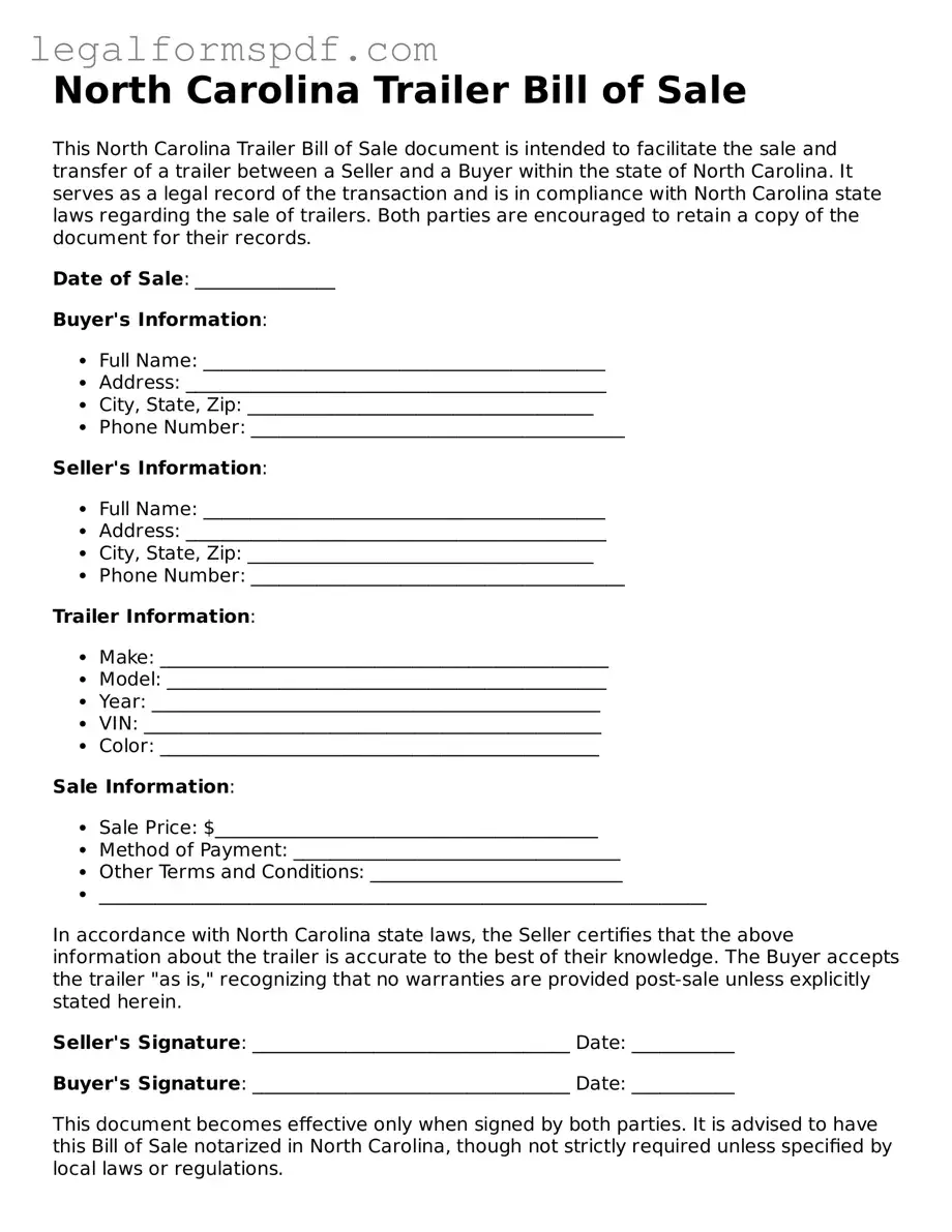 Fillable  Trailer Bill of Sale Document for North Carolina