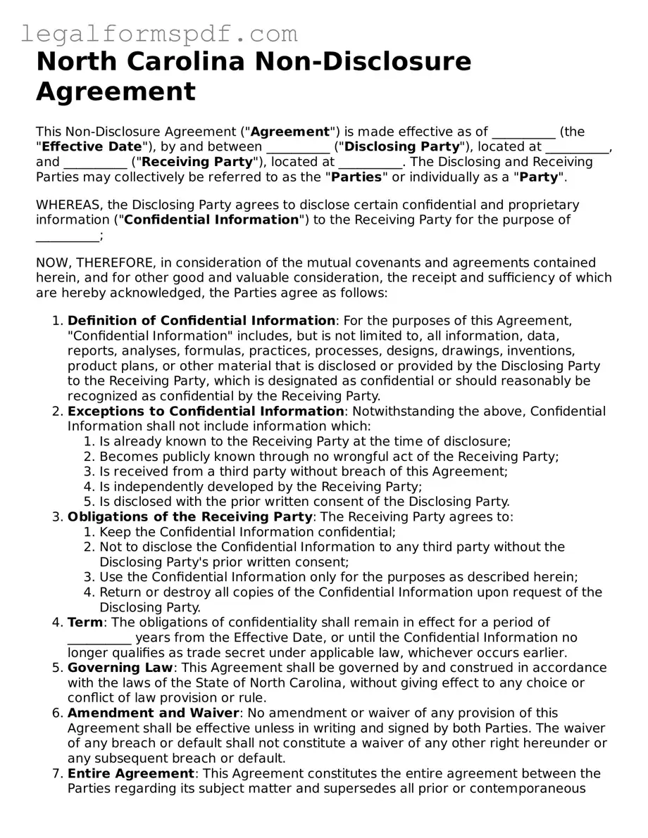 Fillable  Non-disclosure Agreement Document for North Carolina