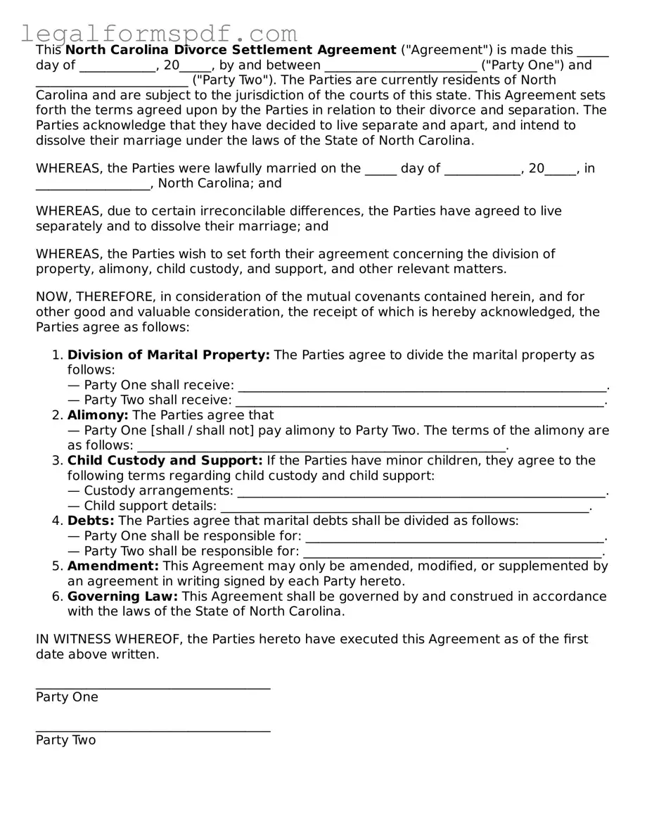 Fillable  Divorce Settlement Agreement Document for North Carolina