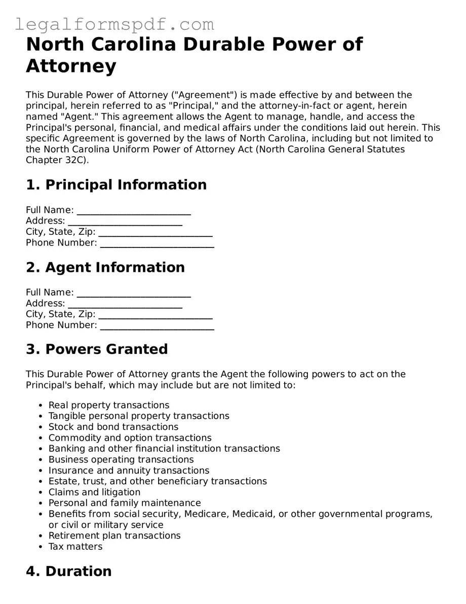 Fillable  Durable Power of Attorney Document for North Carolina