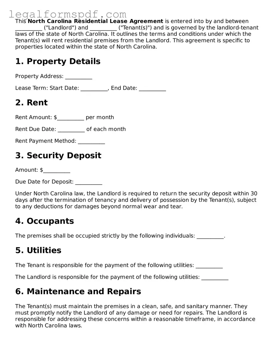 Fillable  Residential Lease Agreement Document for North Carolina