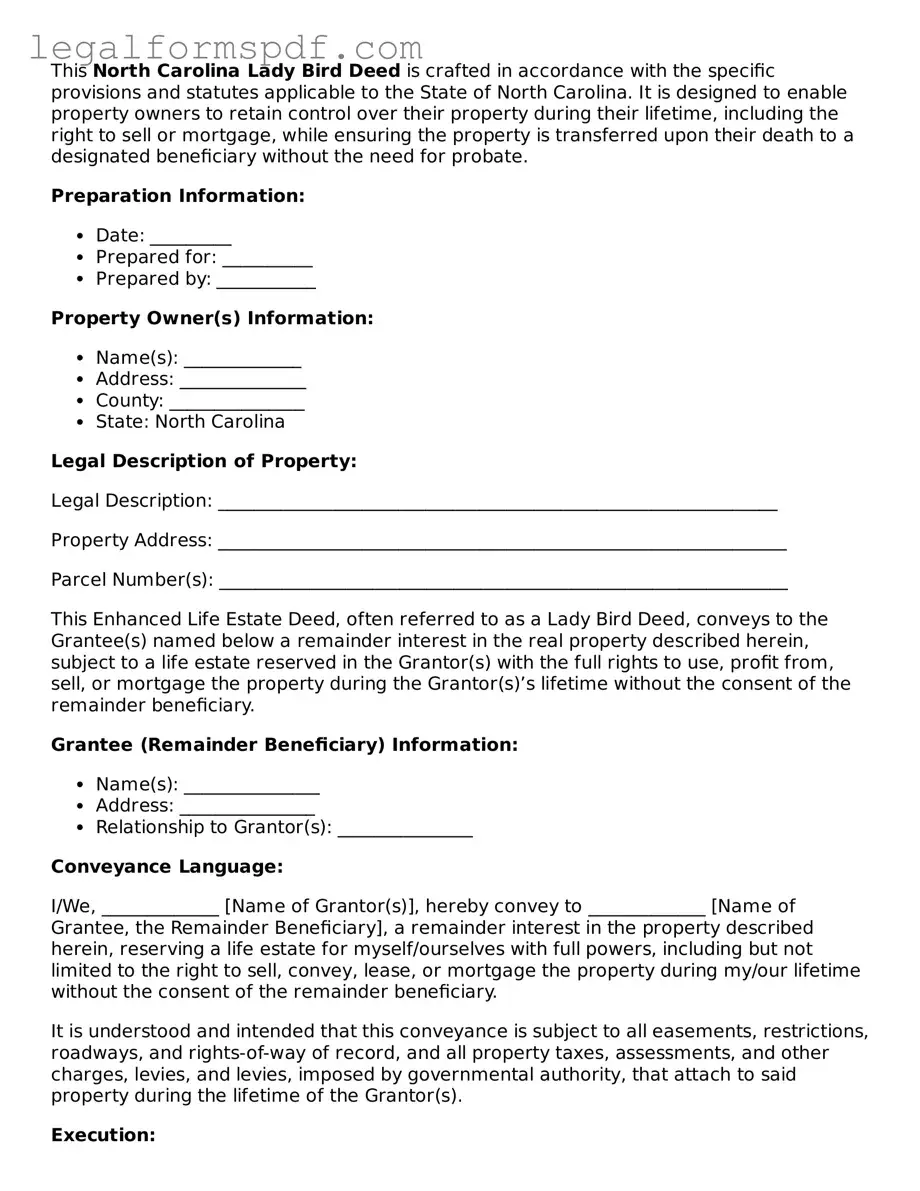 Fillable  Lady Bird Deed Document for North Carolina