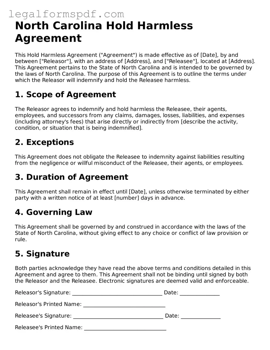 Fillable  Hold Harmless Agreement Document for North Carolina