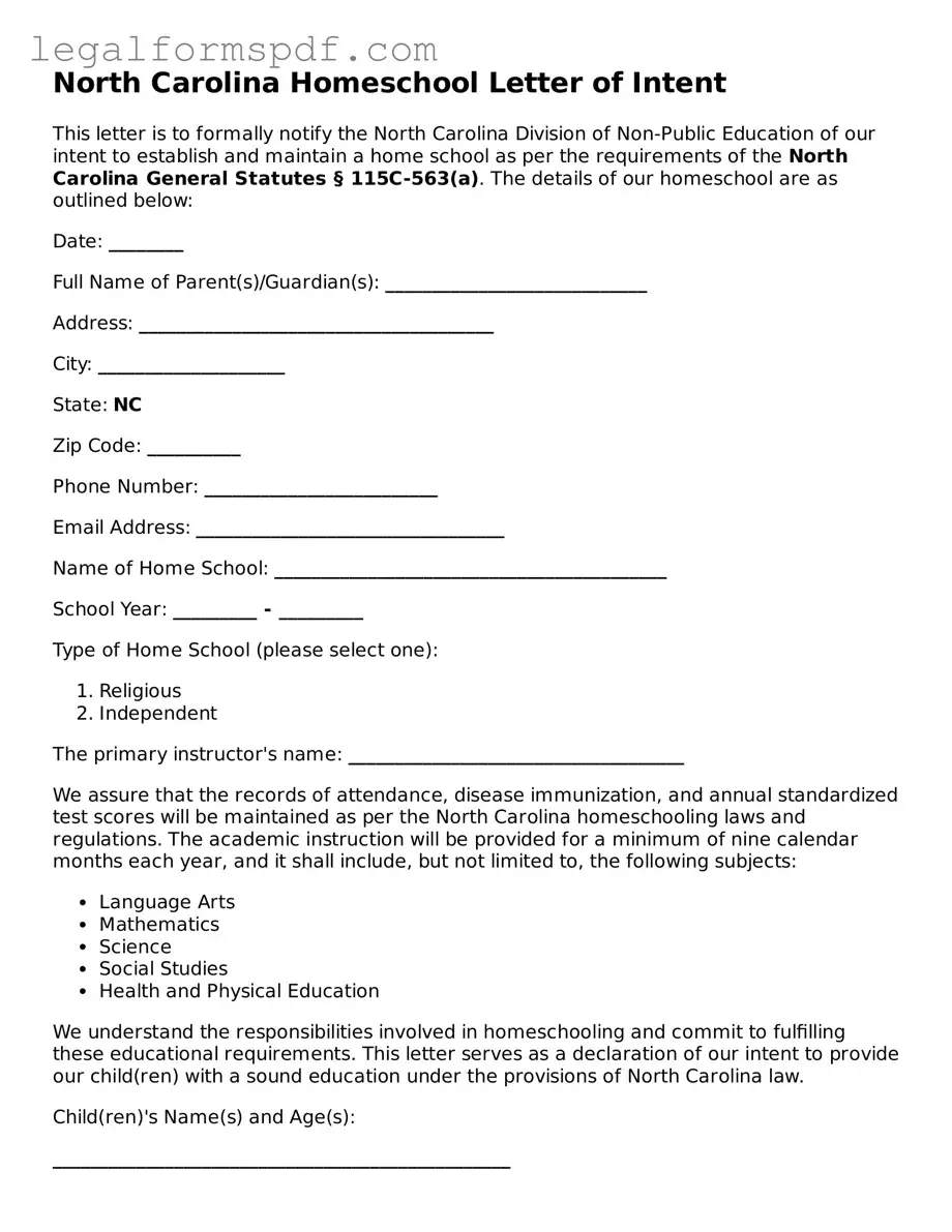 Fillable  Homeschool Letter of Intent Document for North Carolina